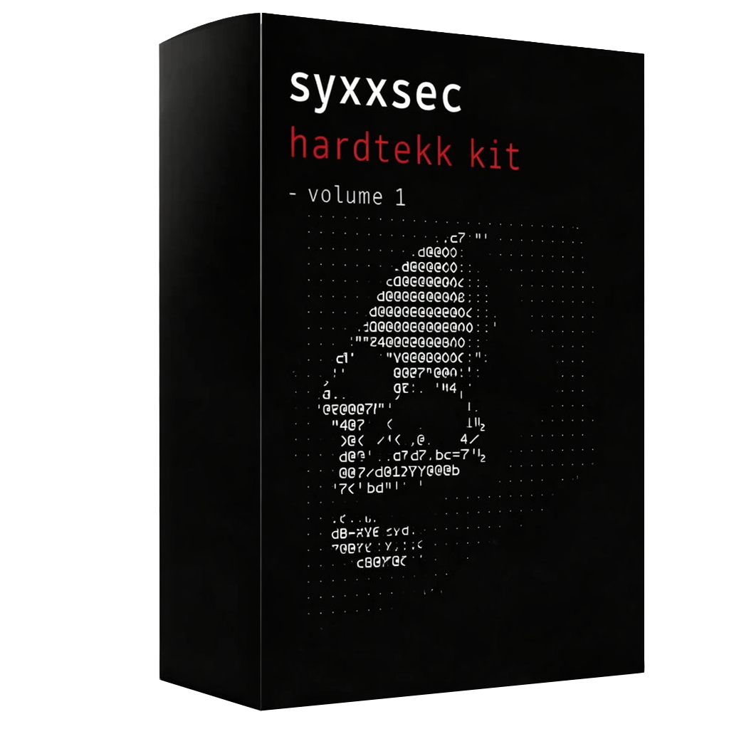 black and white image of sample pack that says "syxxsec hardtekk kit volume 1"