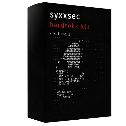 black and white image of sample pack that says "syxxsec hardtekk kit volume 1"